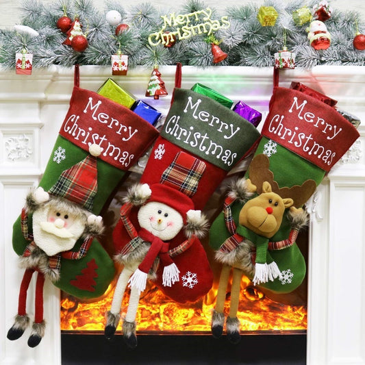 Christmas Stockings Set – 3D Plush Santa, Snowman & Reindeer